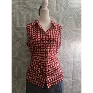 Tommy Hilfiger Women's Large Red Geometric Floral Button Front Stretch Blouse L